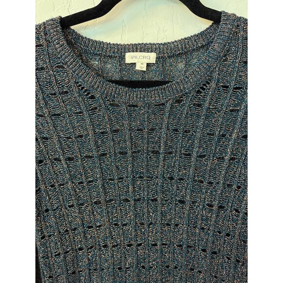 Anthropologie Pilcro Sz XS Blue Green‎ Gold Metallic Open Knit Viscose Sweater - Picture 5 of 9